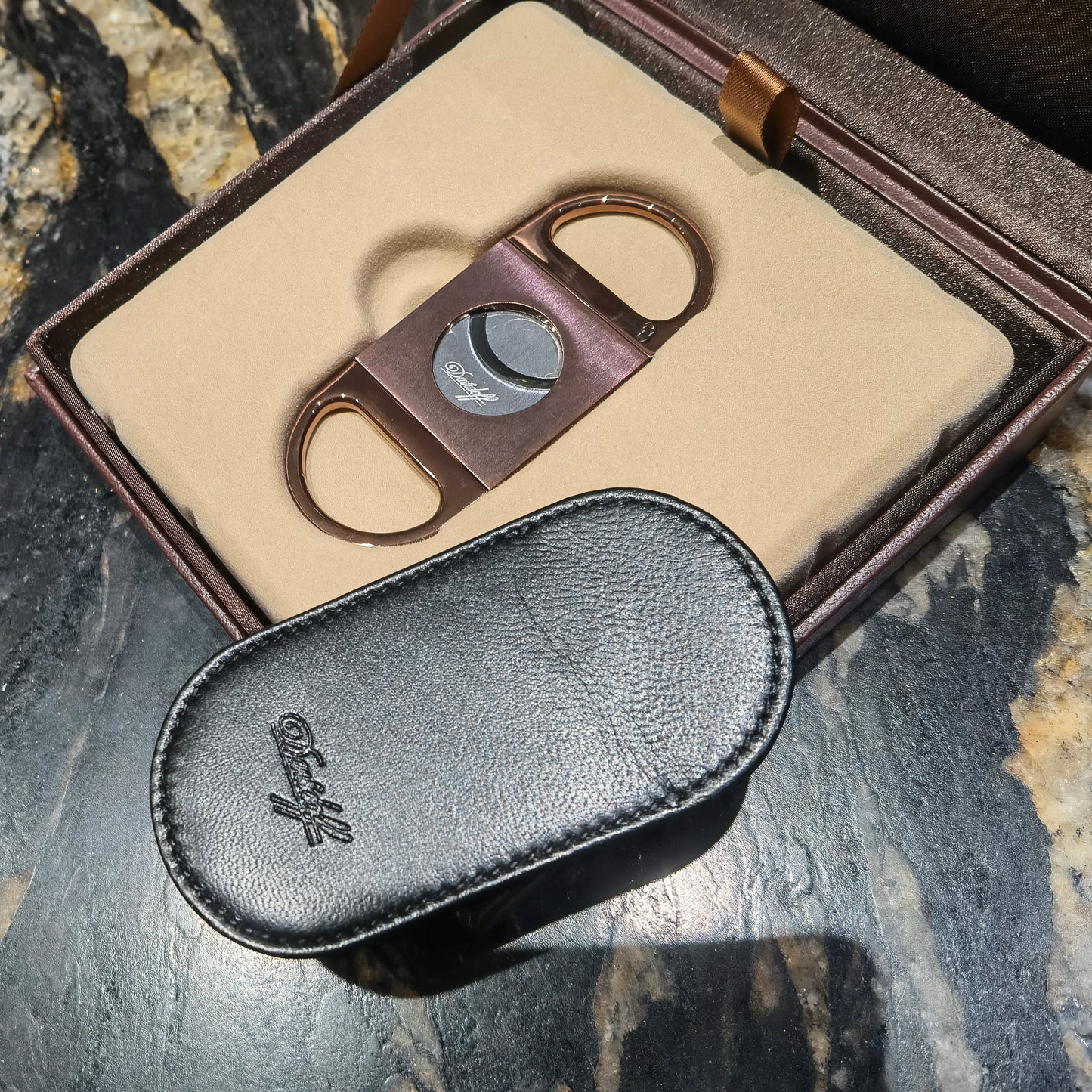 Davidoff Double-Blade Cigar Cutter Stainless Steel Brush Brown