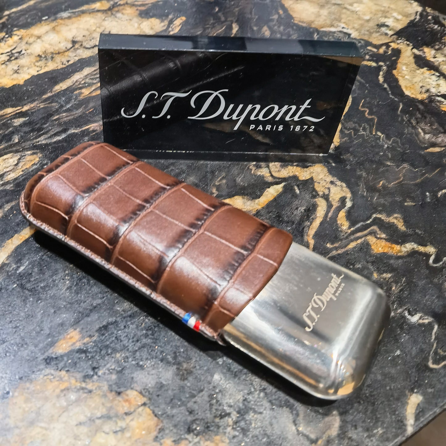 S.T. Dupont Chrome + Croco Dandy Brown Leather Double Cigar Case