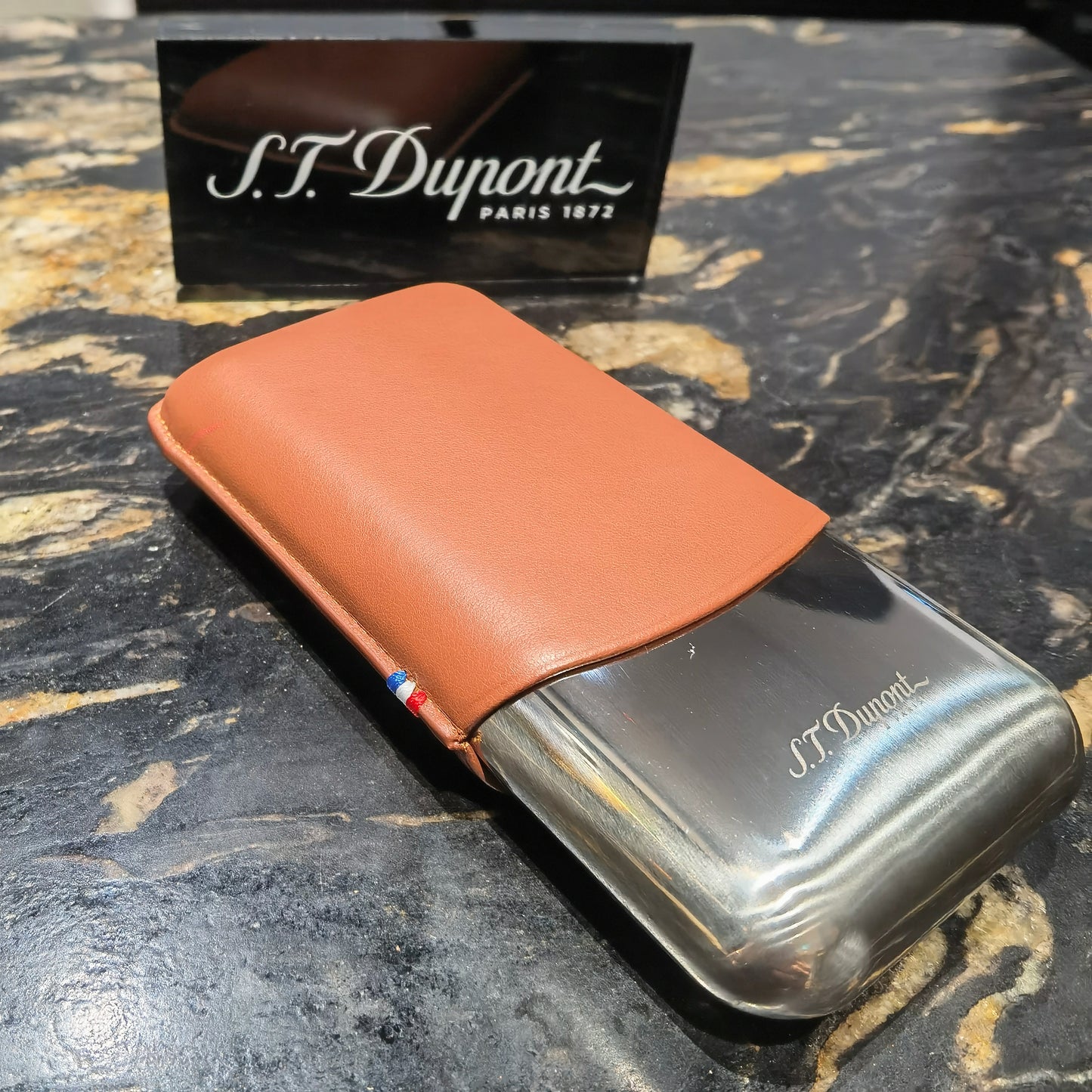 S.T. Dupont Chrome + Brown Leather Triple Cigar Case